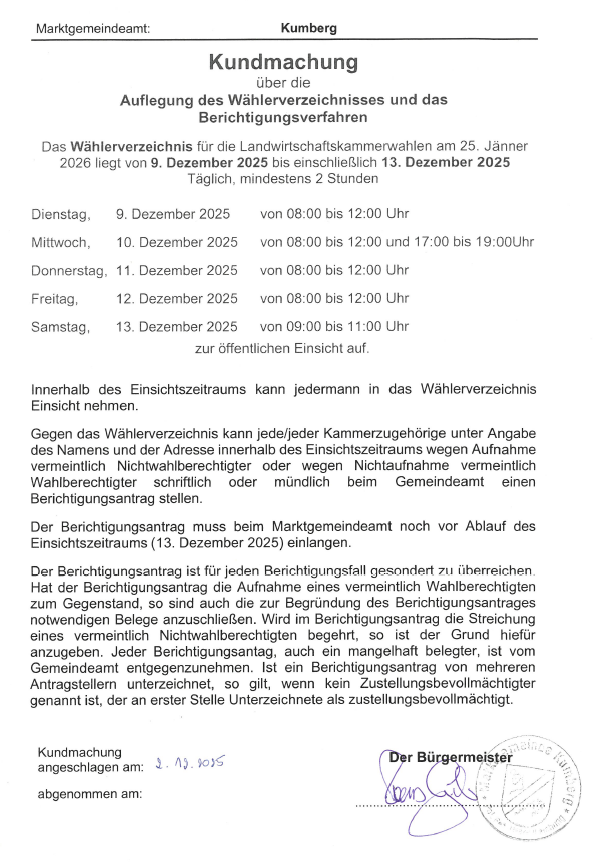 Kundmachung über die Auflegung des Wählerverzeichnisses und das Berichtigungsverfahren