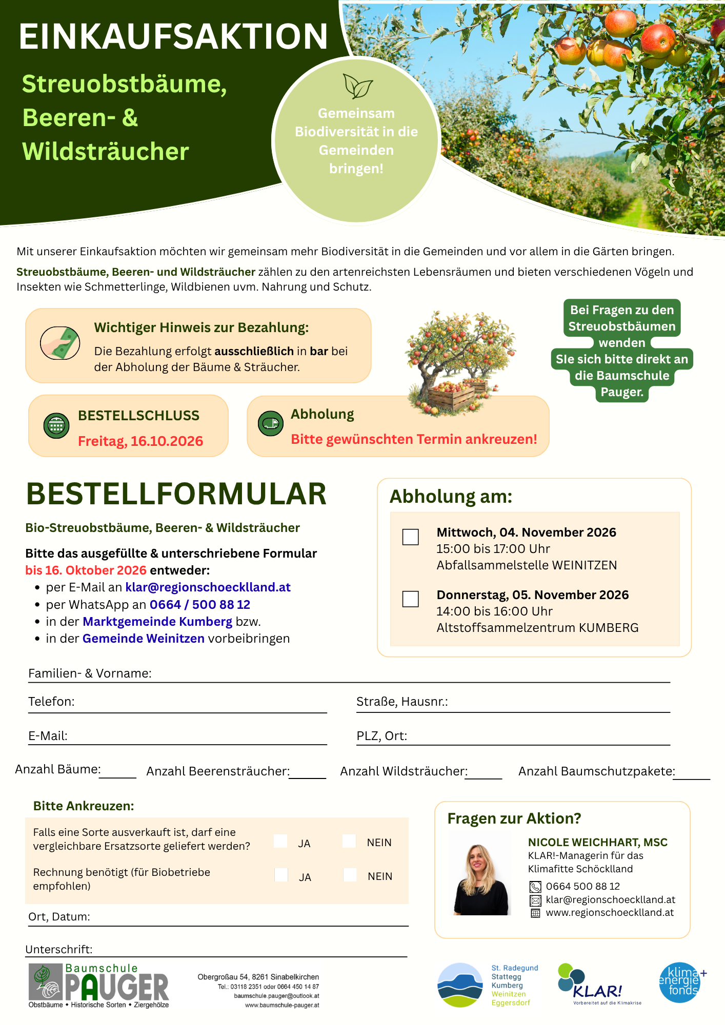 Einkaufsaktion: Streuobstbäume, Beeren- & Wildsträucher auf Bestellformular mit Nicole Weichhart, KLAR!-Managerin